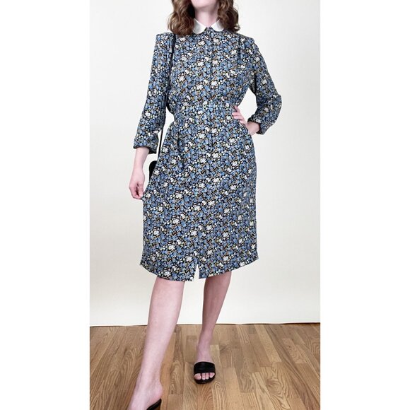Vintage Dresses & Skirts - Vintage Floral Peter Pan Collar Midi Dress Long Sleeve Preppy Cottagecore French